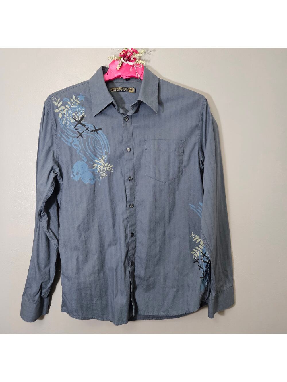 American Dream Connection Men's L Skull Graphic Button Up Gray Y2K Grunge Punk
